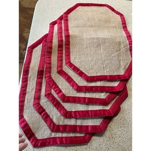 Table placemats burlap  jute with red trim 20"x14"  8 sided shape set-6